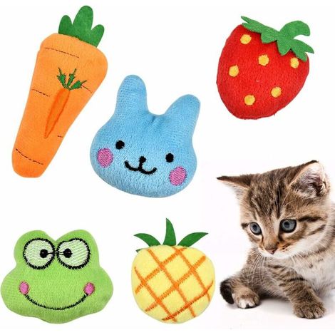 Cataire Jouets, 5 Pièces Jouets à l'herbe à Chat, Cataire Interactive Jouets à Mâcher Jouet en Peluche pour Chaton Kitty Fraise/Grenouille/Lapin/Ananas/Carotte (1/5)