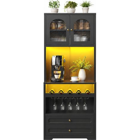 Hochschrank mit Verstellbaren Böden, Weinregal, LED-Steuerung per Anwendung und USB-Anschluss, MDF, 70x40x180 cm, Schwarz (1/5)