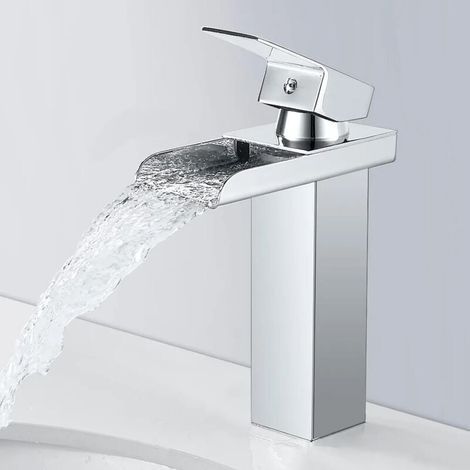 Robinet Cascade Lavabo Salle de Bains à Levier Unique Design Concave en Acier Inoxydable (1/4)