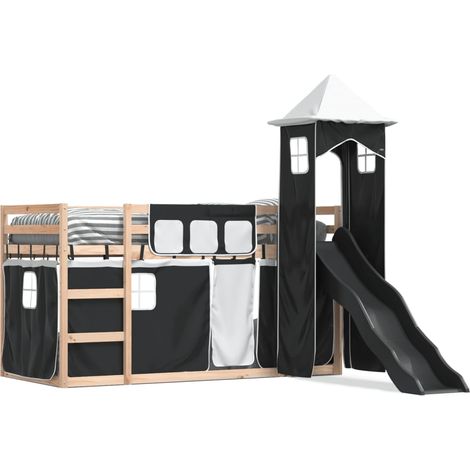 Lit simple，Lit adulte，Lit superposé avec toboggan et rideaux blanc et noir 80x200 cm CFW25915 (1/5)