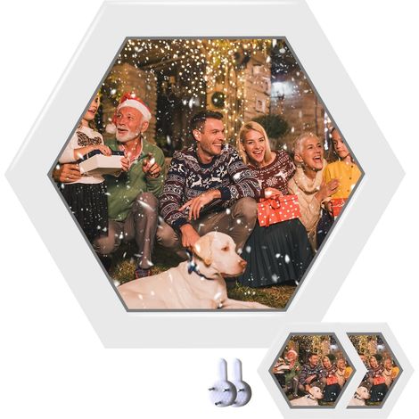 Cadre photo hexagonal en bois, à suspendre au mur, pour la décoration de la maison ou du bureau. Cadre photo mural moderne et épuré, style panneau artificiel, avec clou invisible (20 cm, blanc). (1/5)