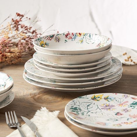 Service de Table en grès 18 pièces pour 6 personnes - Assiettes plates, assiettes creuses, assiettes à dessert de la Collection A Travers Champs - Décor Floral Multicolore (1/4)