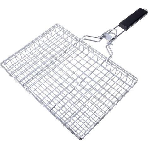 1 panier à griller en acier inoxydable (50 x 32 x 3,5 cm), grille en alliage avec manche en bois, convient pour les légumes, la viande et le poisson (1/5)