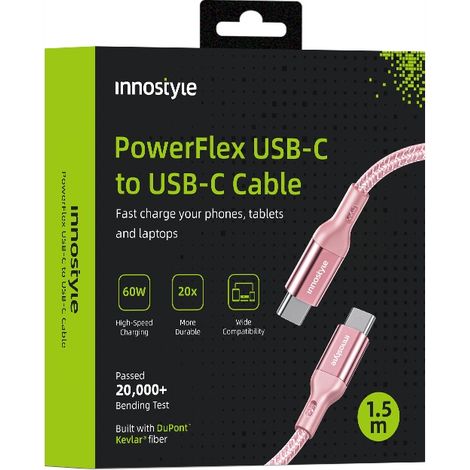 Cable USB-C Powerflex de carga rápida Innostyle para iPhone y Samsung, 3A 60W, Kevlar, 2M, rosa. (1/5)