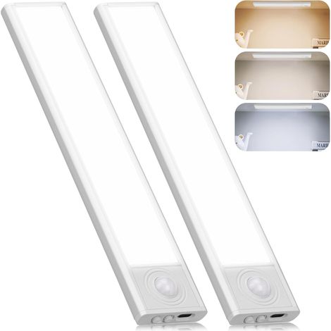 Luz de armario con sensor de movimiento, 2 unidades, inalámbrica, recargable por USB, 3 modos de luz nocturna, iluminación LED magnética para armario de cocina, 20 cm [Clase energética A] (1/5)