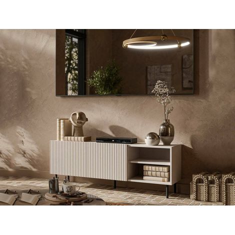 Mueble de TV Molini, aparador de salón con cuatro puertas batientes, elevado del suelo, 150x42 h52 cm, beige (1/4)