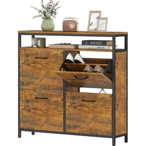 Zapatero compacto con 4 puertas abatibles y balda abierta, madera y acero, marrón, MODENUIT (1/5)