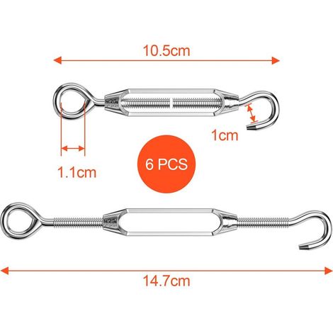 6 Stück Drahtgitterspanner, Gewindeseilspanner aus Edelstahl, Stahlseilspanner für Sonnensegel, Hochleistungs-Seilspannschlösser, für Gartenzäune und Pflanzenstützen (1/4)