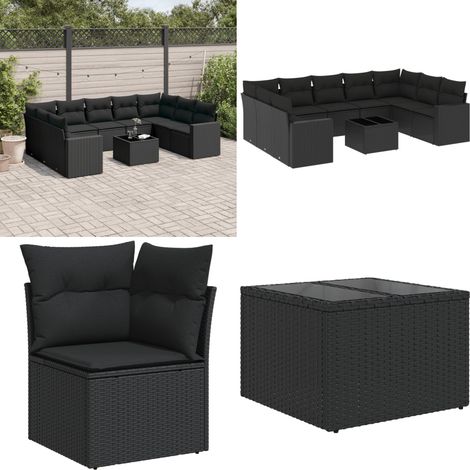 Salon de jardin 10 pcs avec coussins noir résine tressée - Ensemble Salon De Jardin - Meuble De Jardin - Canapé D'extérieur - Résine Tressée - Rotin Synthétique - Home & Living (1/5)