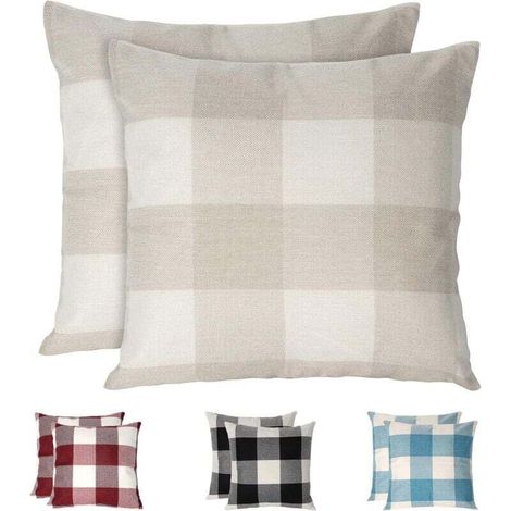Taies d'oreiller à carreaux Ulisem, lot de 2, en lin respirant et infroissable, taies d'oreiller décoratives pour la maison, beige (1/4)