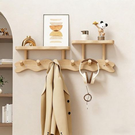 Étagère murale avec crochets, étagère de rangement robuste, large étagère d'entrée pour clés, manteaux, sacs, bois écologique, fixation par perçage ou collage, noyer foncé, clair (bois clair, 6 croche (1/4)