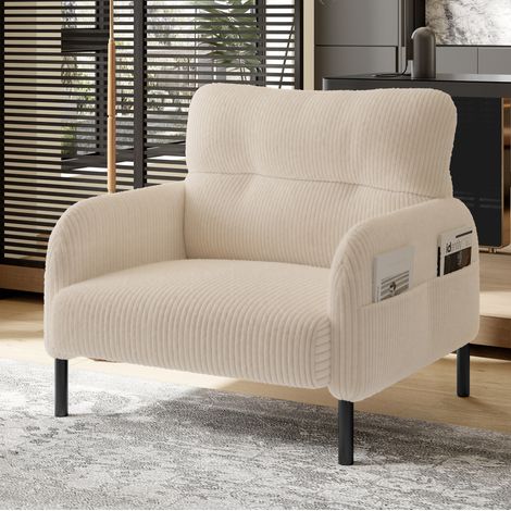Fauteuil 75x67x79 cm en velours côtelé beige avec poche latérale, pour salon – MEUBLIV (1/5)