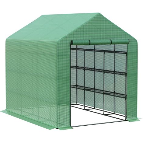 Serre de jardin avec 8 étagères, structure acier et couverture PE verte avec porte à roulette (1/5)