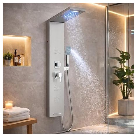 Panneau de douche en acier inoxydable, système de douche avec LED, colonne d'hydromassage avec 5 fonctions, finition brossée. (1/5)