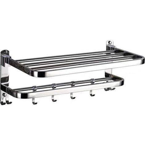 Toallero de pared plegable de dos niveles con ganchos extraíbles, barra de 58 cm (23 pulgadas), fabricado en acero inoxidable. (1/5)