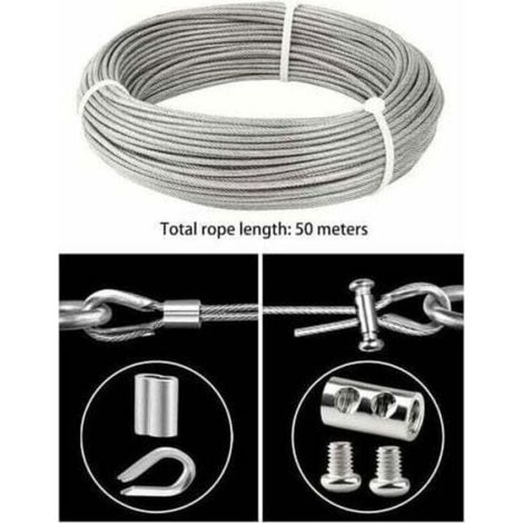 Câble Inoxydable - 3 mm - 50 m - Revêtu PVC - Pour Garde-Corps Fil À Linge Treillis Jardin - Avec Manchons Et Cosses - 1 Pièce (1/4)