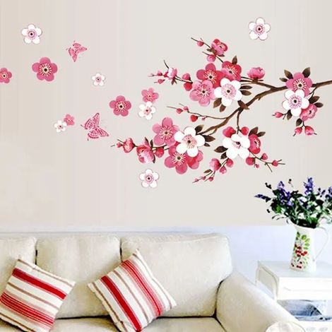 Sticker Mural Fleur De Cerisier Avec Papillon Rose Rouge (120x50cm) I Sakura Rotin Fleur Branche Arbre Autocollant Mural Auto-Adhésif (1/4)