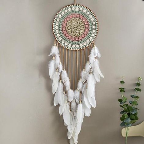 Attrape-rêves mural rond avec plumes, décoration bohème pour chambre et salon, suspension décorative, idée cadeau (1/5)