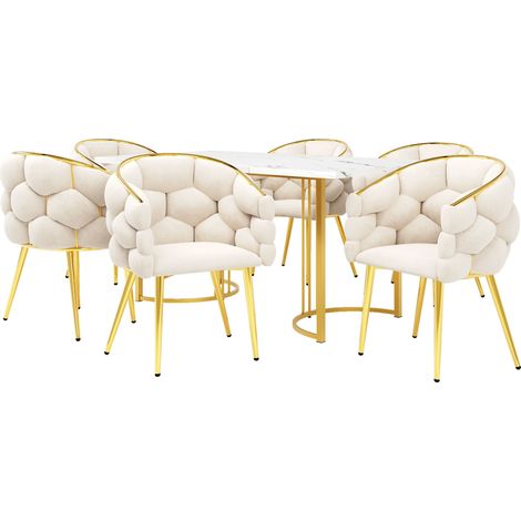Ensemble table à manger 7 pièces 140 x 80 cm avec 6 chaises,plateau aspect marbre pieds fer dorés,ensemble moderne pour cuisine.