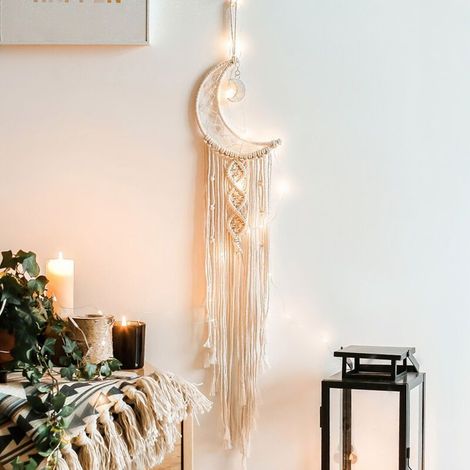 Ornements Tissés en Corde de Coton Attrape-rêves en Forme de Lune Art Mural tissé (Beige) (1/5)