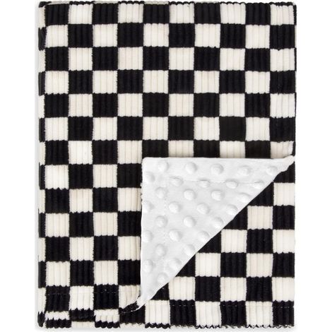 Couverture pour bébé, confortable et durable, en polaire corail, double épaisseur, motif damier à pois, noir, 70 x 100 cm (1/4)
