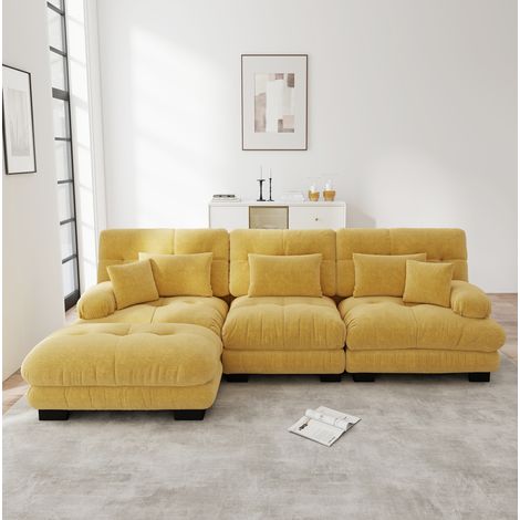 Canapé modulare angolare in chenille giallo con pouf mobili, seduta profonda (1/5)