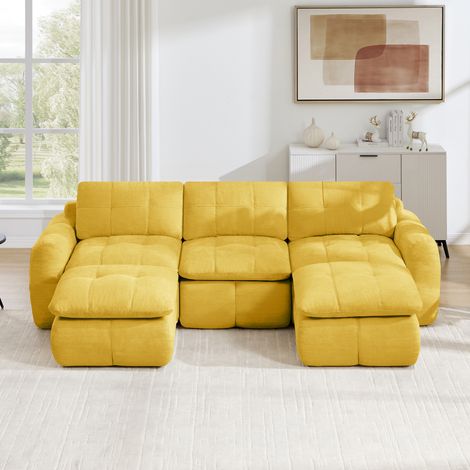 Sofá modular de 3 plazas en forma de U sin estructura, tapizado en chenilla ultrasuave, espuma 32D, combinable a gusto, con 2 otomanas para salones y apartamentos, color amarillo. (1/5)