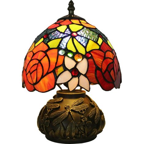 Lampe de table de style Tiffany, petite, avec vitrail, veilleuse, lampe de table vintage artisanale en forme de champignon, 20 cm, convient pour le bureau, le salon, la chambre ou le bureau, rose. (1/5)