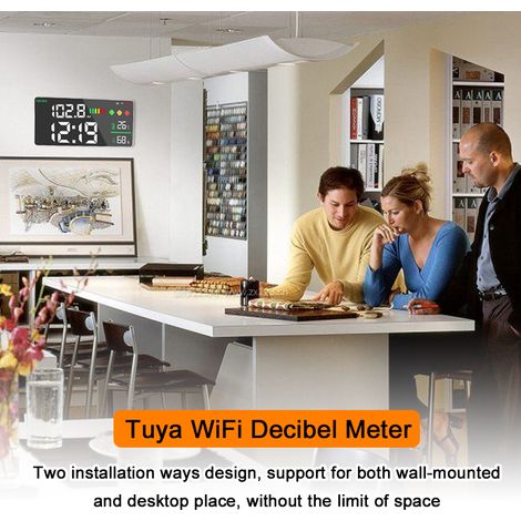 Sonomètre Tuya WiFi 4 en 1 avec mesure de la température et de l'humidité, réveil, écran couleur LED 11 pouces, application de contrôle intelligente Tuya.