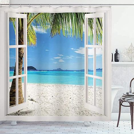 rideau De Douche En Polyester De Plage (180  180cm), Arbre Tropical De Palm Beach, Ensemble De Dcoration De Salle De Bains En Tissu Avec Crochets