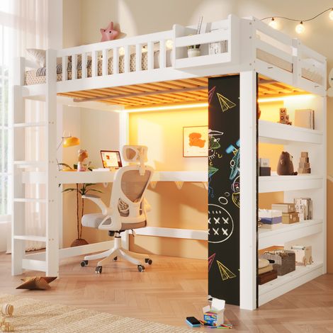Lit mezzanine lit combiné 140x200cm avec rangements et led, lit avec bureau, tableau à craie, étagère, gain de place pour chambre, sans matelas, blanc (1/5)
