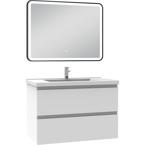 Ocean Meuble Salle de Bain 80cm Blanc simple vasque + miroir lumineux 3 couleurs + dimmable