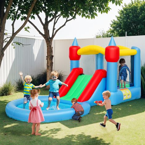 Déco Château gonflable 4 en 1 avec toboggan panier de basket piscine à balles souffleur 370W 415 x 205 x 190 cm