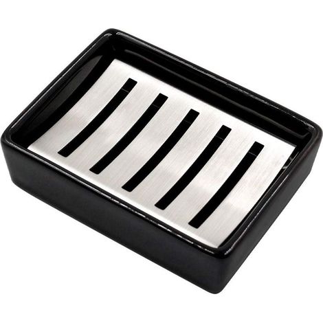 Porte savon en céramique et acier inoxydable 304, double couche, auto drainant, économiseur de savon durable, facile à nettoyer, pour salle de bain (noir) (1/5)