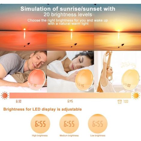 Radiowecker mit Licht, sanfter LED-Sonnenaufgangssimulator, Nachttischlampe mit 2 Weckzeiten, 8 Tönen und 20 Helligkeitsstufen fürs Babyzimmer (1/5)