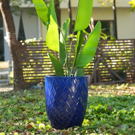 Vaso per piante in ceramica 42 x 54 cm, blu reale con motivo a rombi, con fori di drenaggio DESVIAE (1/5)