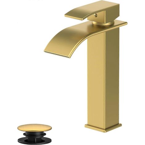 Robinet de salle de bain Rywuanku haut, finition or brossé, bec cascade, robinet de lavabo monocommande avec bonde escamotable et plaque de montage, robinet de meuble-lavabo moderne à 1 trou (1/5)