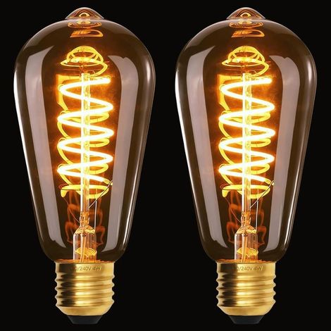 Lot de 2 ampoules LED vintage E27, ST64, 4 W, 220-240 V, filament spiralé, lumière jaune chaud 2200 K, verre ambré, ampoule Edison dimmable [Classe énergétique E] (1/5)