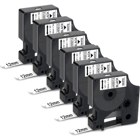 6 Rubans Étiqueteuse Compatible Dymo 12mm x 7m Noir sur Blanc Lot de 6 (1/4)