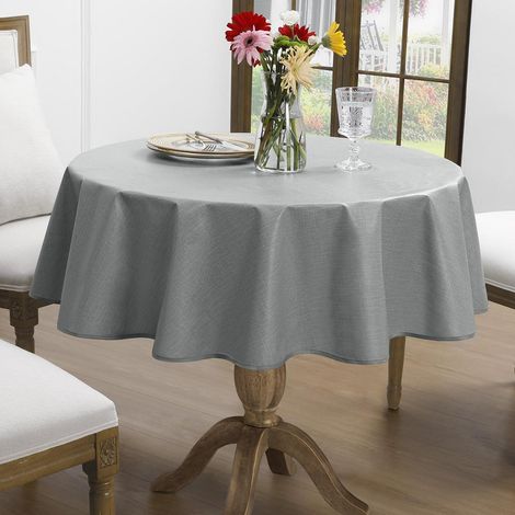 Runde Tischdecke 120cm Grau Leinenoptik PVC wasserdicht wetterfest für Garten Balkon