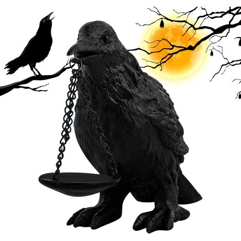 Porte-bougie en résine corbeau – Statue d'oiseau effrayante pour table d'intérieur, bar, fête, salon, cuisine, vacances, maison hantée (1/5)