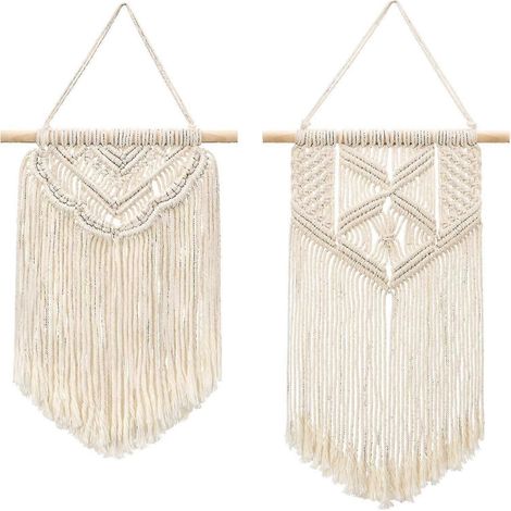 Décoration murale en macramé deux pièces, tissée, style bohème, idéale pour appartement, chambre, salon ou galerie. Dimensions : 33 cm (L) x 25 cm (l) x 40 cm (P). (1/3)