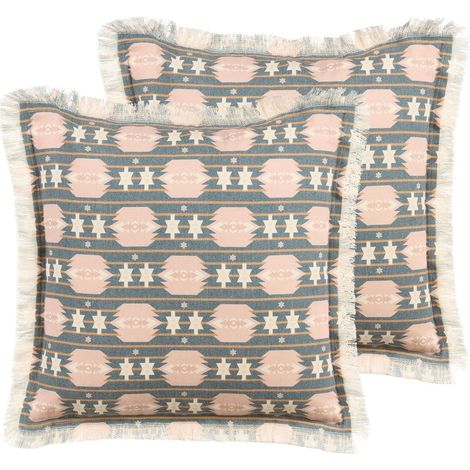Lot 2 Coussins Modernes Imprimé avec Franges et Motif Géométrique 60 x 60 cm Multicolore Dianthus