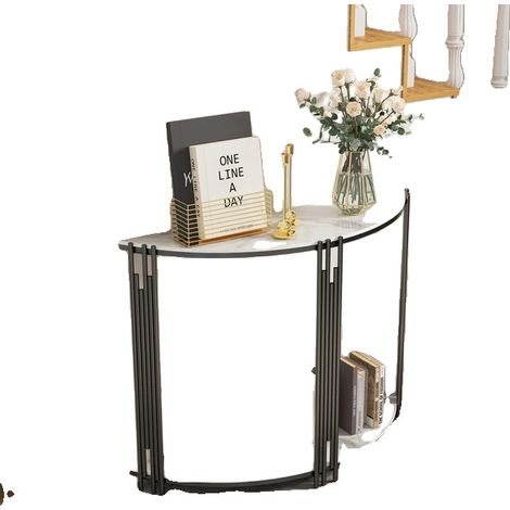 Table Console, Design en Demi-Lune, Rangement à Deux Niveaux, Blanc (1/2)