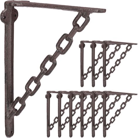Set de 10 Soportes Estantería, Escuadra Estante Pared, Ángulo, Cadena, Hierro Fundido, 18 x 4 x 21,5 cm, Marrón