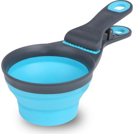 Gobelet doseur rétractable - 1 unité - Silicone souple - Mesure et pince de fermeture - Pour sacs de croquettes chiens chats - Gris/Bleu (1/5)