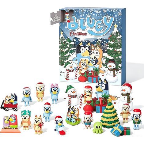 Calendrier de l’Avent Noël 2026, compte à rebours de 24 jours avec 24 figurines surprises en résine, personnages cartoon bleus, cadeau enfant