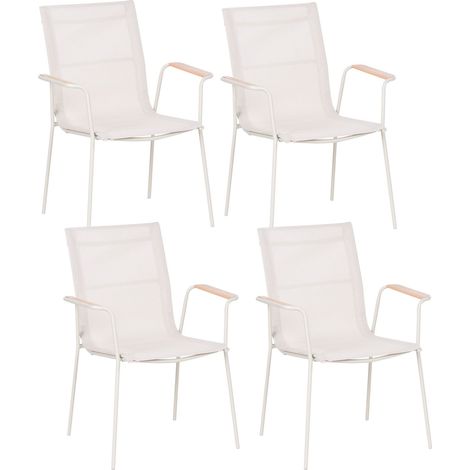 Set di 4 sedie da giardino con struttura in acciaio, seduta e schienale in rete, resistenti ai raggi UV e all'acqua, impilabili, color beige chiaro, Caravino (1/5)