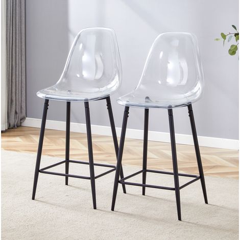 Taburete alto, juego de 2, diseño transparente, patas metálicas, plástico negro (1/5)