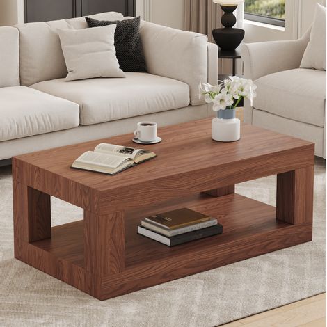 Table basse rectangulaire 2 niveaux MDF noyer OKMYHOME (1/5)